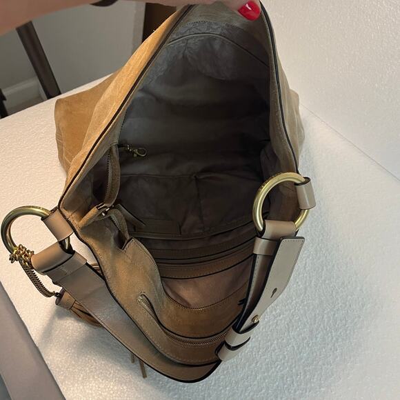 Michael Kors "Elyse" Soft Suede Large Shoulder Bag in Color Dune with Tassels - Picture 7 of 15